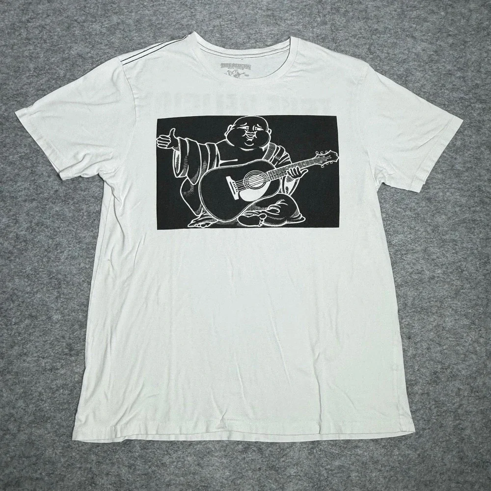 True Religion T-Shirt Mens M Buddha Guitar Graphic Cotton White Solid